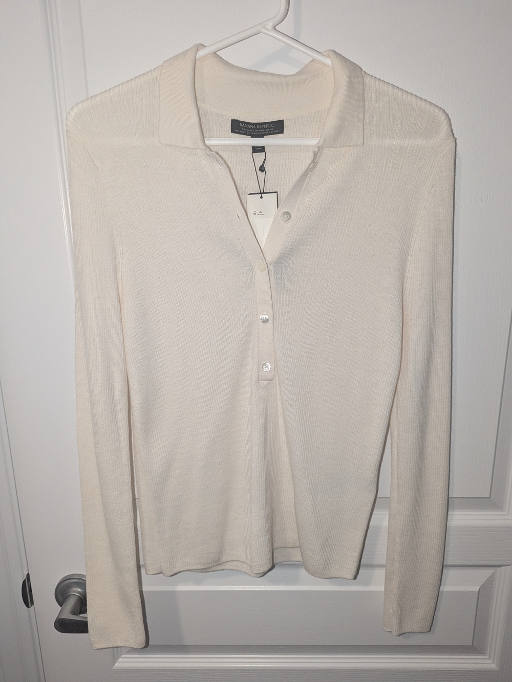 Banana Republic 'Ella' Merino Wool Cream Collared Long-Sleeve Polo Knit, M